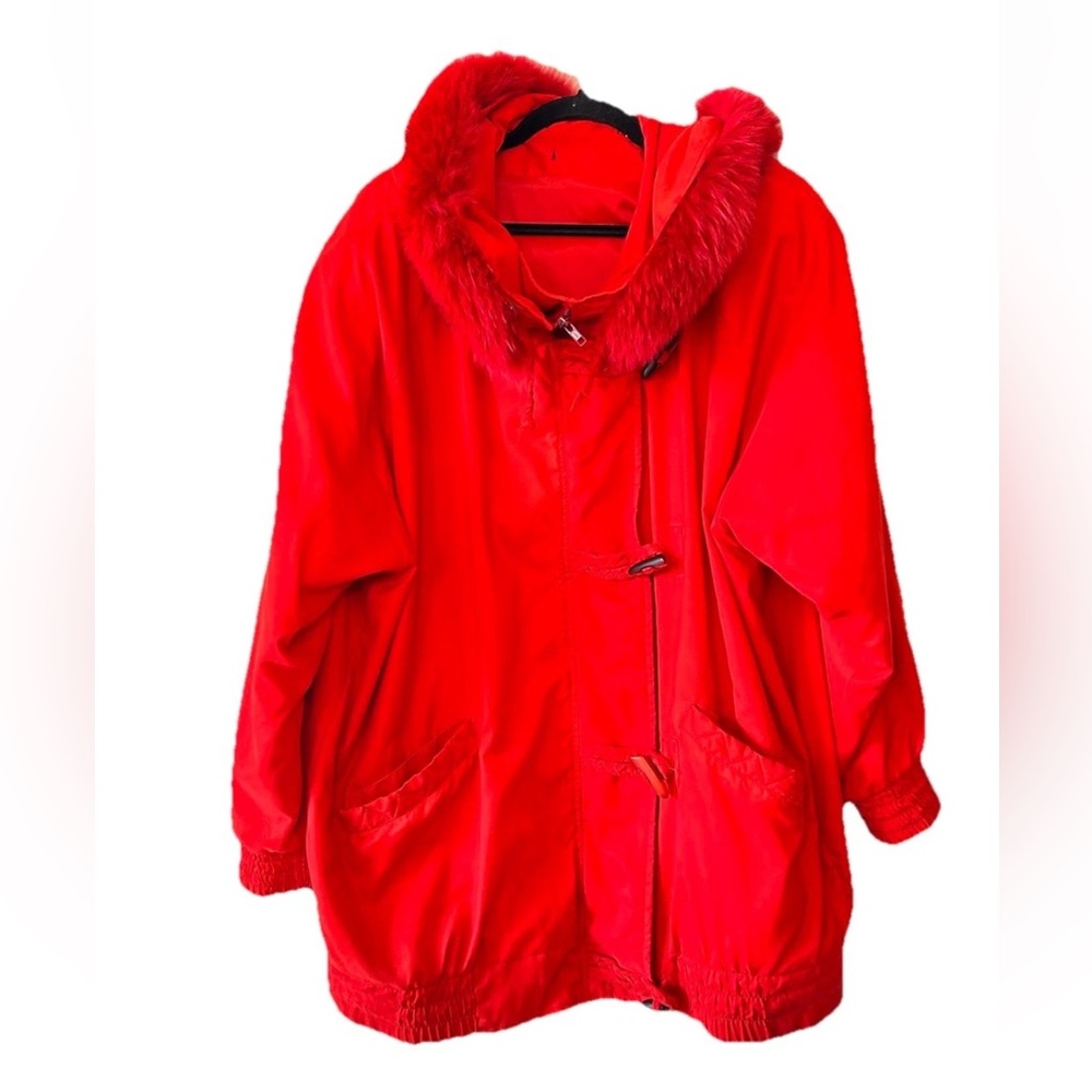 VTG Luxury Thomas E. McElroy Red Hooded Fur Trim Jacket XL/L